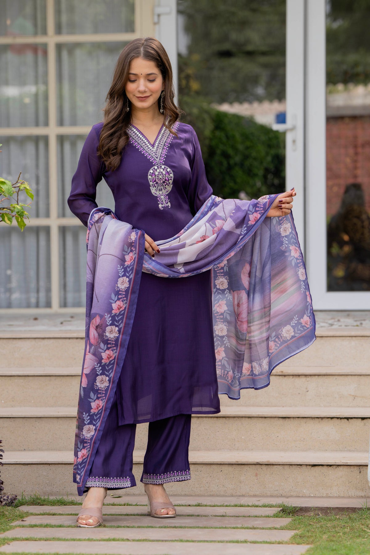 Rangvastra Mal Chanderi Purple Kurta Pant Dupatta Set