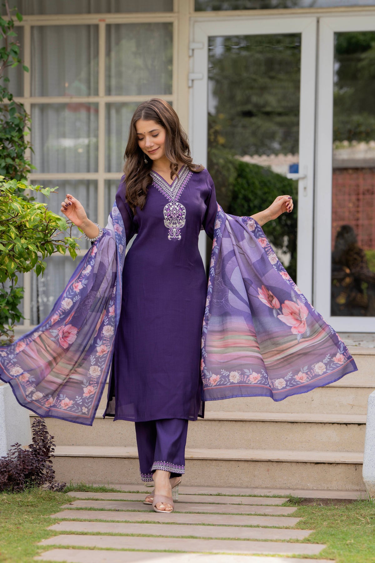 Rangvastra Mal Chanderi Purple Kurta Pant Dupatta Set