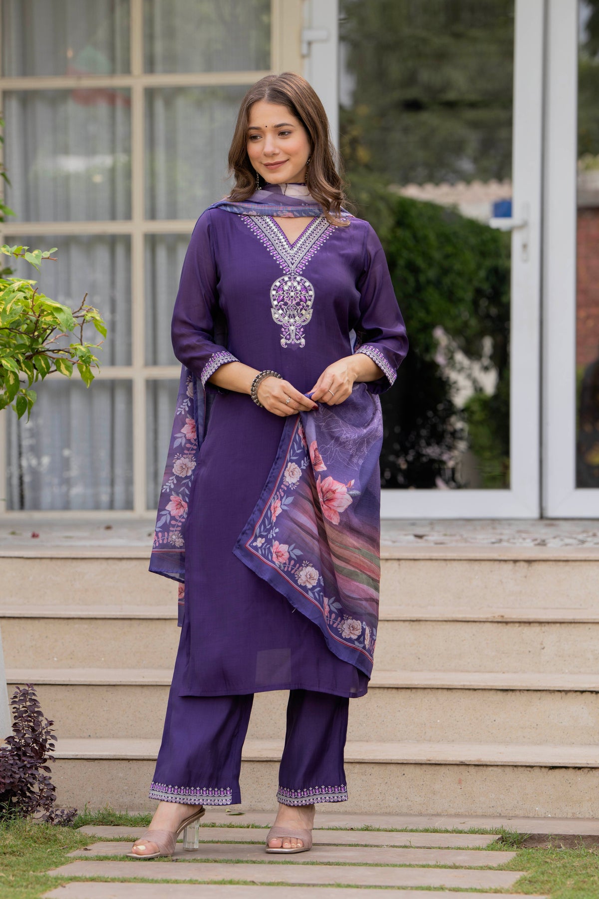 Rangvastra Mal Chanderi Purple Kurta Pant Dupatta Set