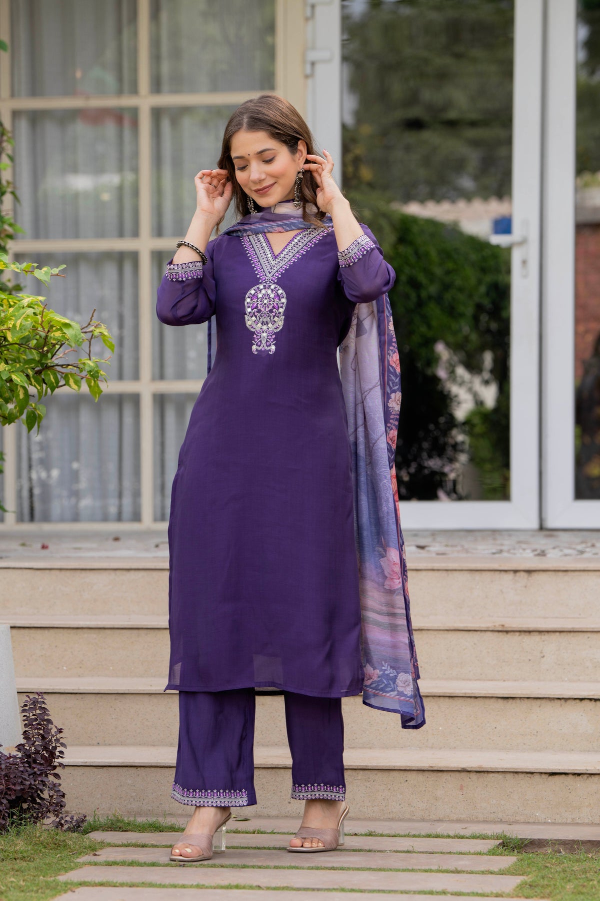 Rangvastra Mal Chanderi Purple Kurta Pant Dupatta Set