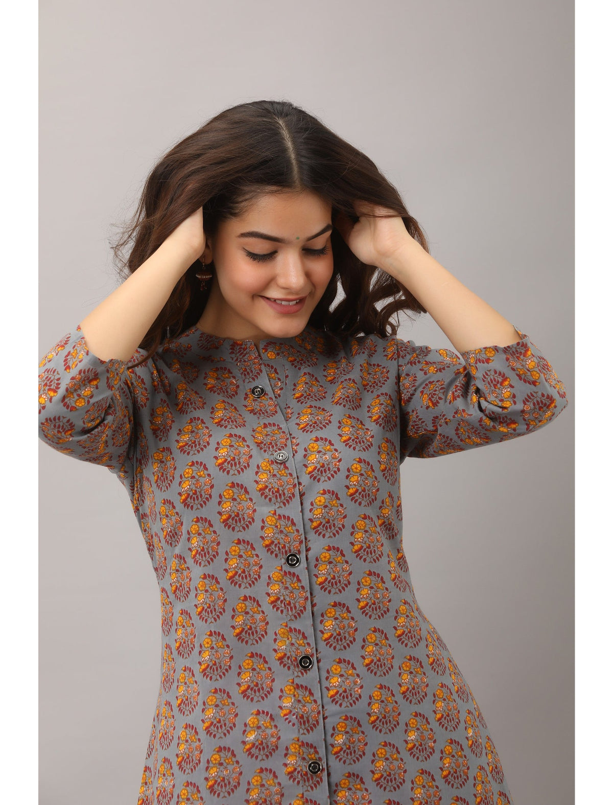 Rangvastra A-Line Cotton Floral Print Kurta with Button Work, 3/4 Sleeve & Mandarin Collar