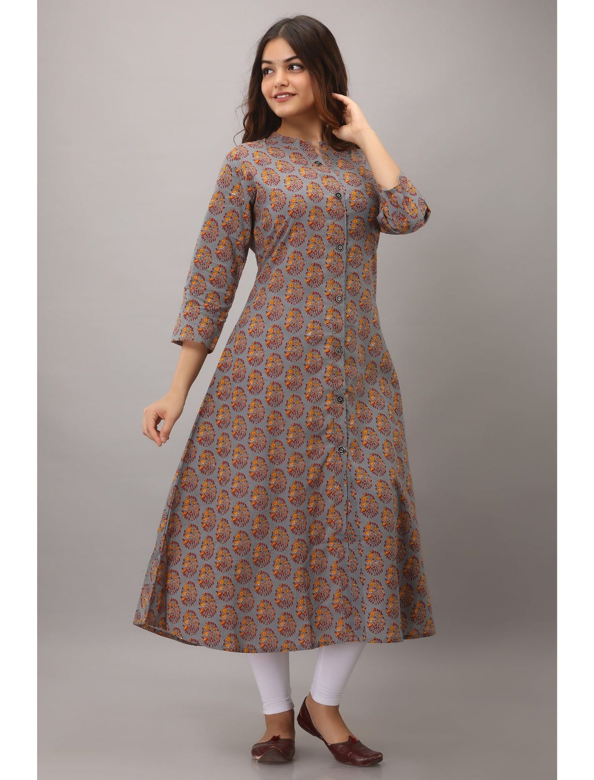 Rangvastra A-Line Cotton Floral Print Kurta with Button Work, 3/4 Sleeve & Mandarin Collar