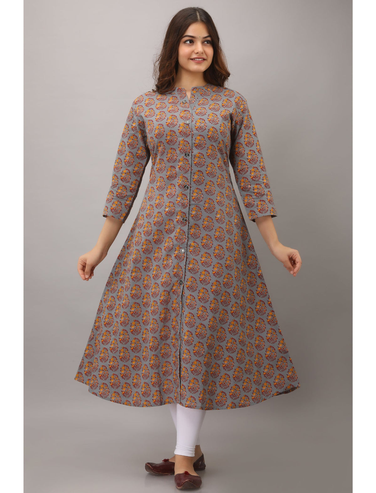 Rangvastra A-Line Cotton Floral Print Kurta with Button Work, 3/4 Sleeve & Mandarin Collar