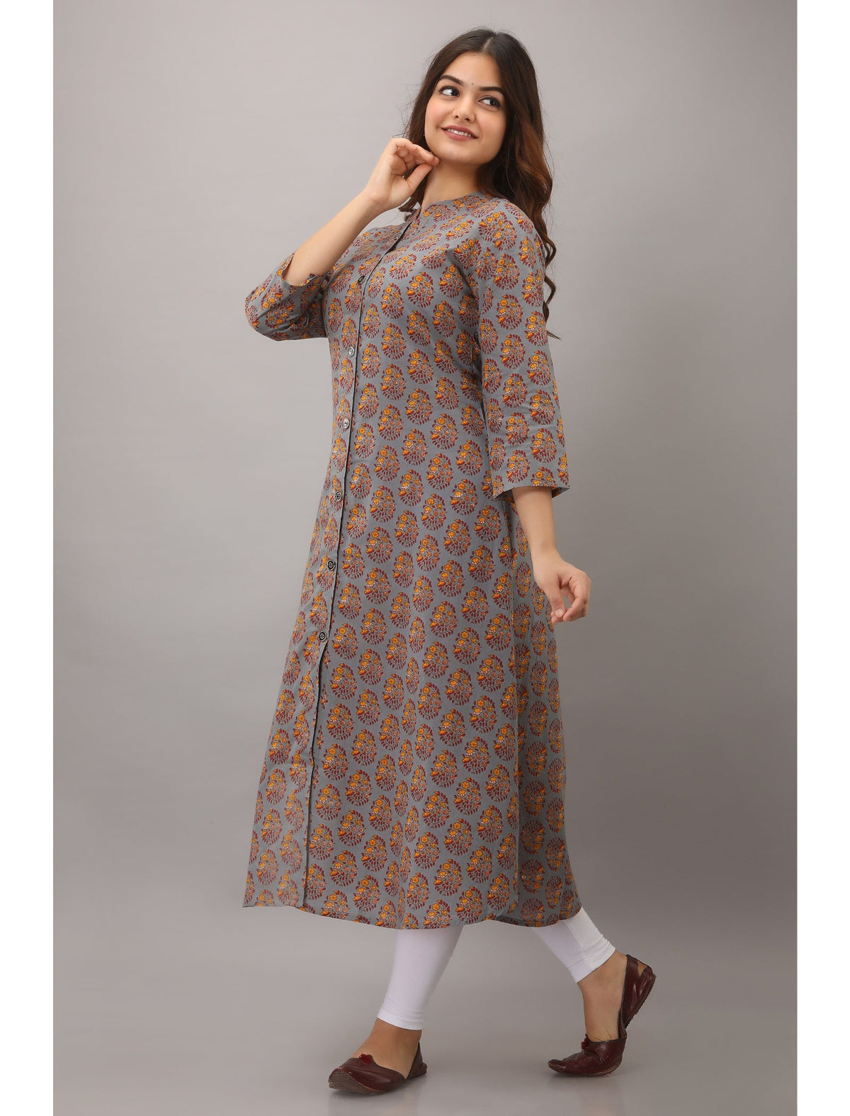 Rangvastra A-Line Cotton Floral Print Kurta with Button Work, 3/4 Sleeve & Mandarin Collar