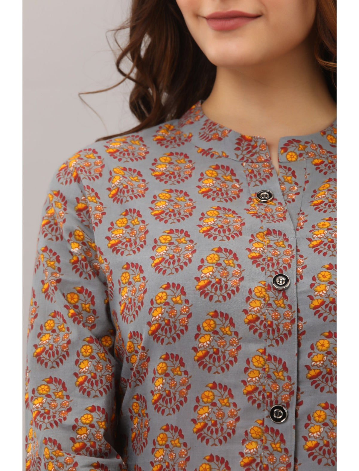 Rangvastra A-Line Cotton Floral Print Kurta with Button Work, 3/4 Sleeve & Mandarin Collar