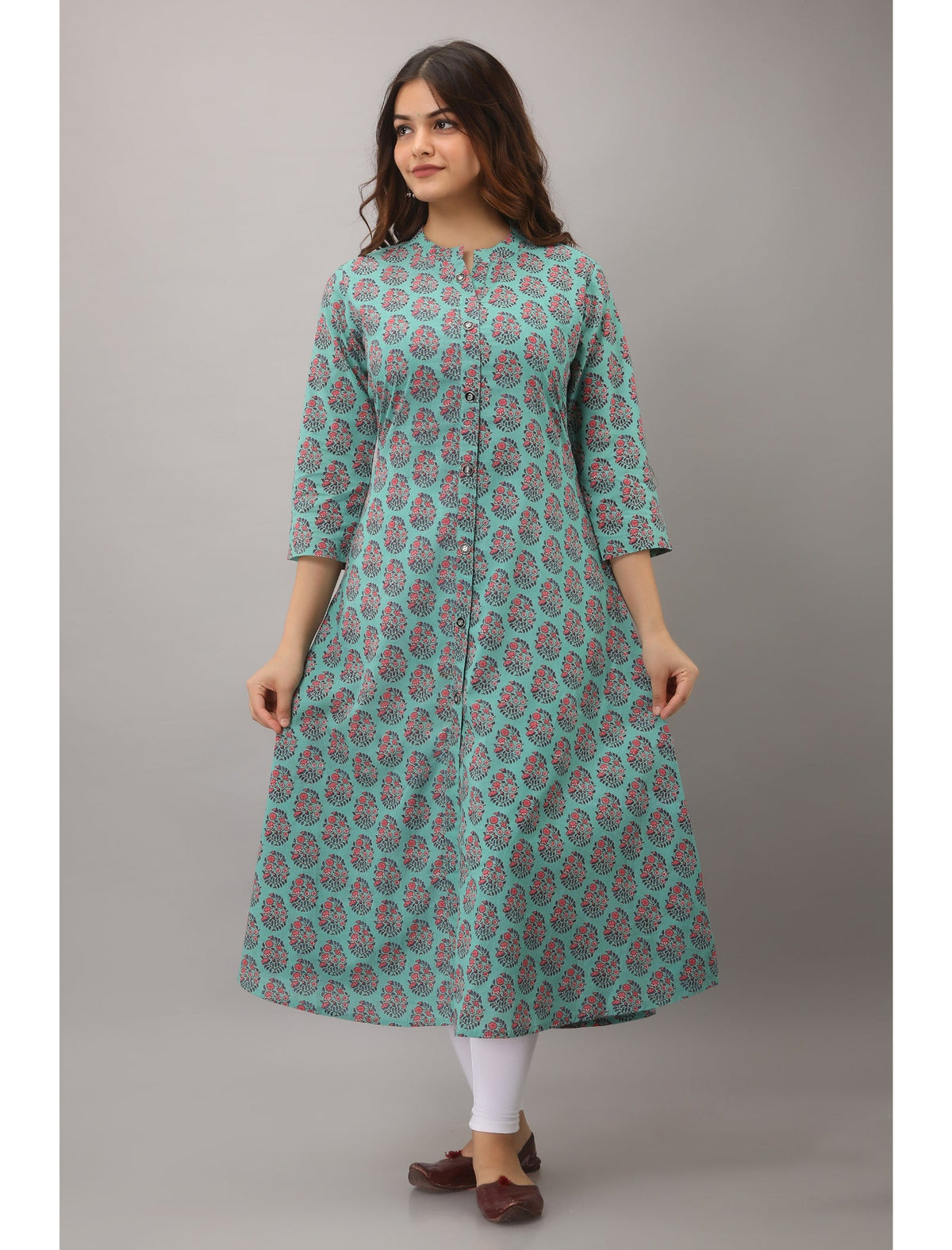 Rangvastra A-Line Cotton Floral Print Kurta with Button Work, 3/4 Sleeve & Mandarin Collar