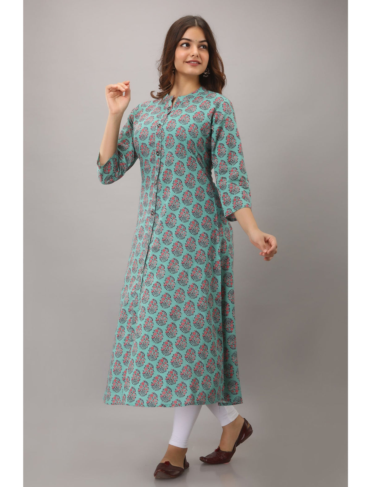 Rangvastra A-Line Cotton Floral Print Kurta with Button Work, 3/4 Sleeve & Mandarin Collar