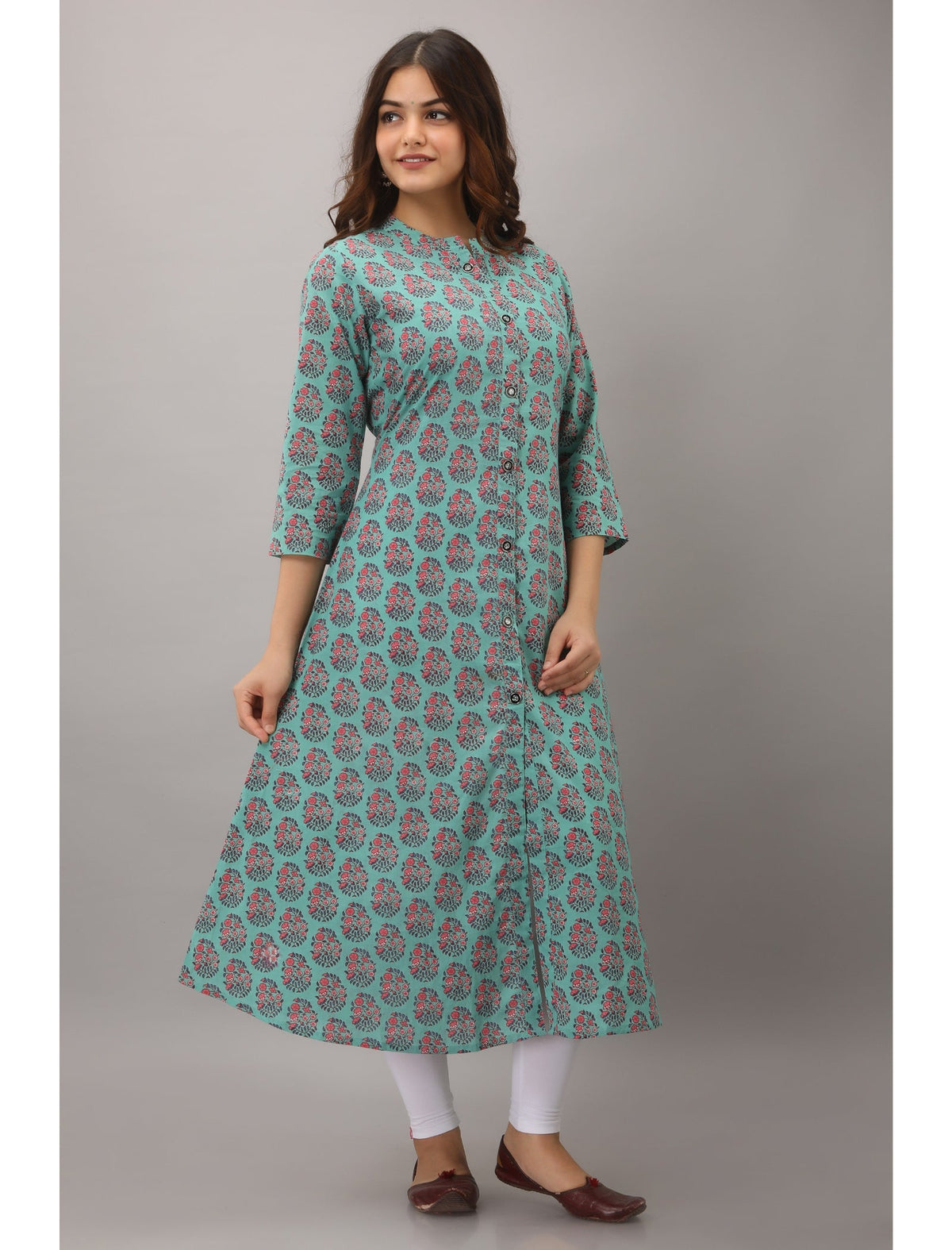 Rangvastra A-Line Cotton Floral Print Kurta with Button Work, 3/4 Sleeve & Mandarin Collar