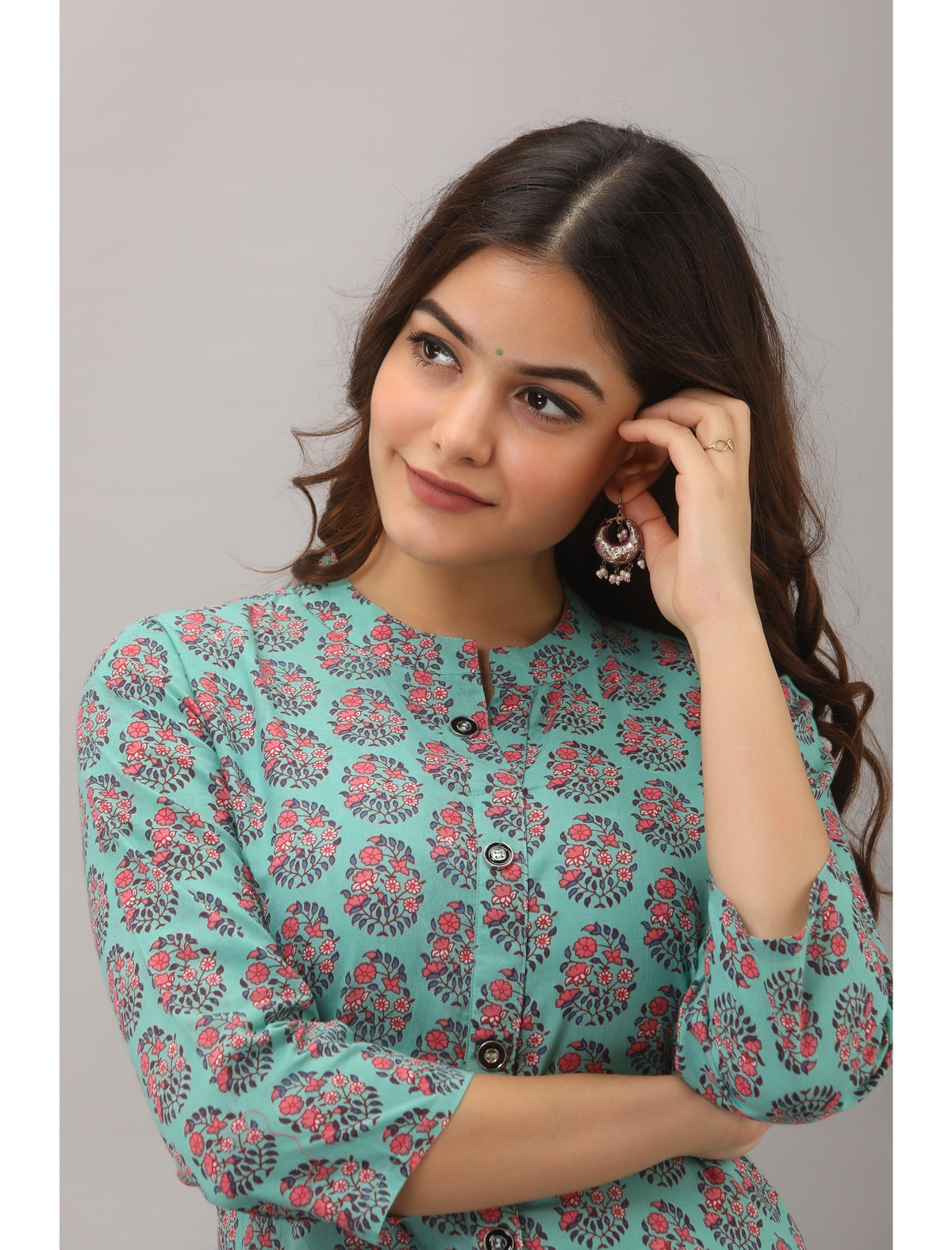 Rangvastra A-Line Cotton Floral Print Kurta with Button Work, 3/4 Sleeve & Mandarin Collar