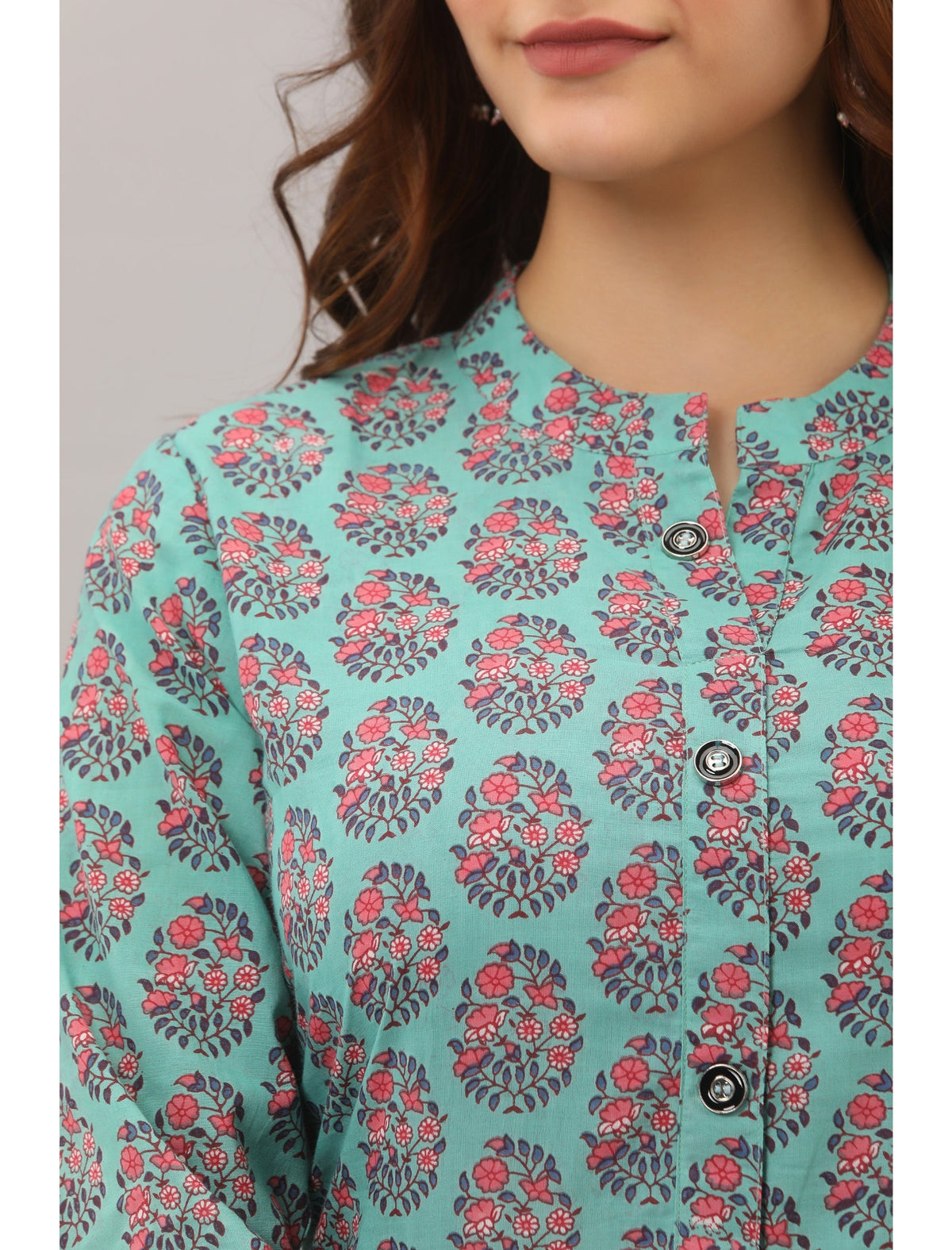 Rangvastra A-Line Cotton Floral Print Kurta with Button Work, 3/4 Sleeve & Mandarin Collar