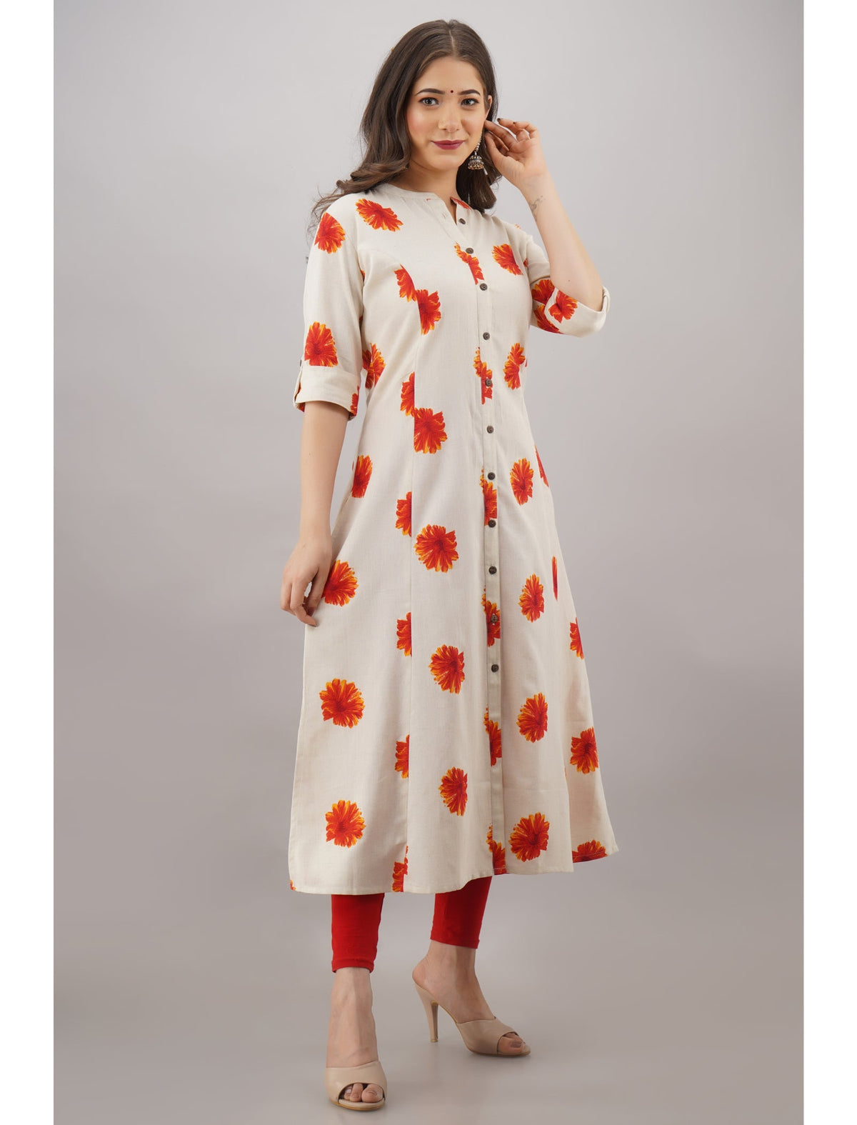 Rangvastra A-Line Cotton Floral Print Kurta with Pocket & Mandarin Collar