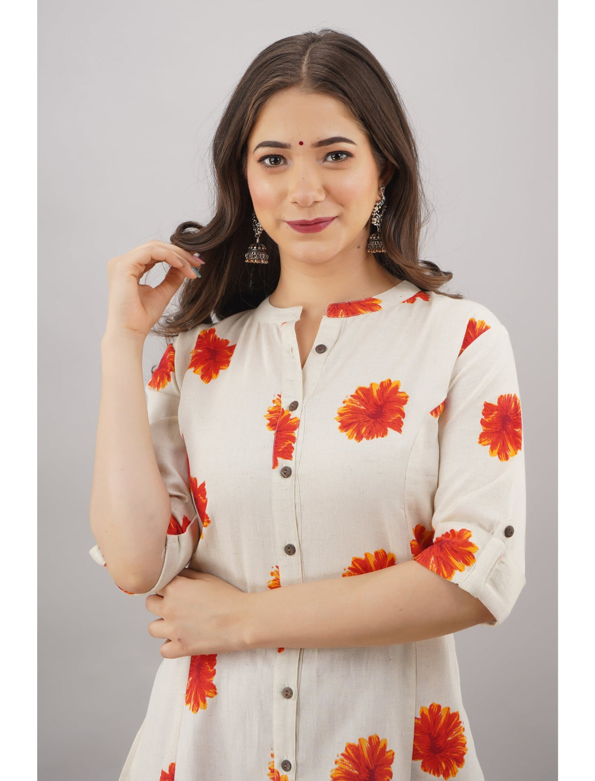 Rangvastra A-Line Cotton Floral Print Kurta with Pocket & Mandarin Collar
