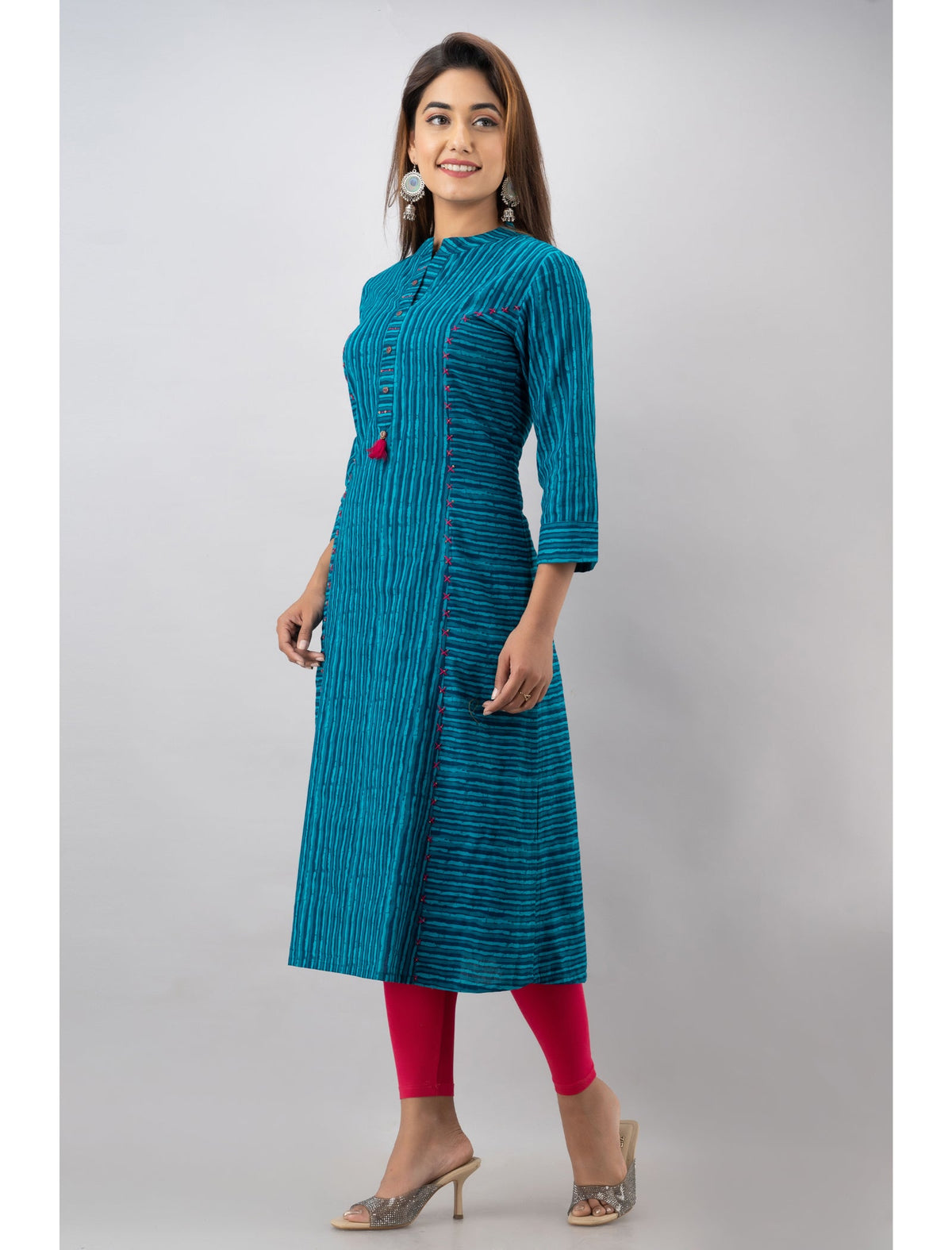 Rangvastra Blue Cotton Striped Kurta with 3/4 Sleeve, Tassel Work & Mandarin Collar