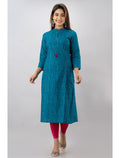 Rangvastra Blue Cotton Striped Kurta with 3/4 Sleeve, Tassel Work & Mandarin Collar