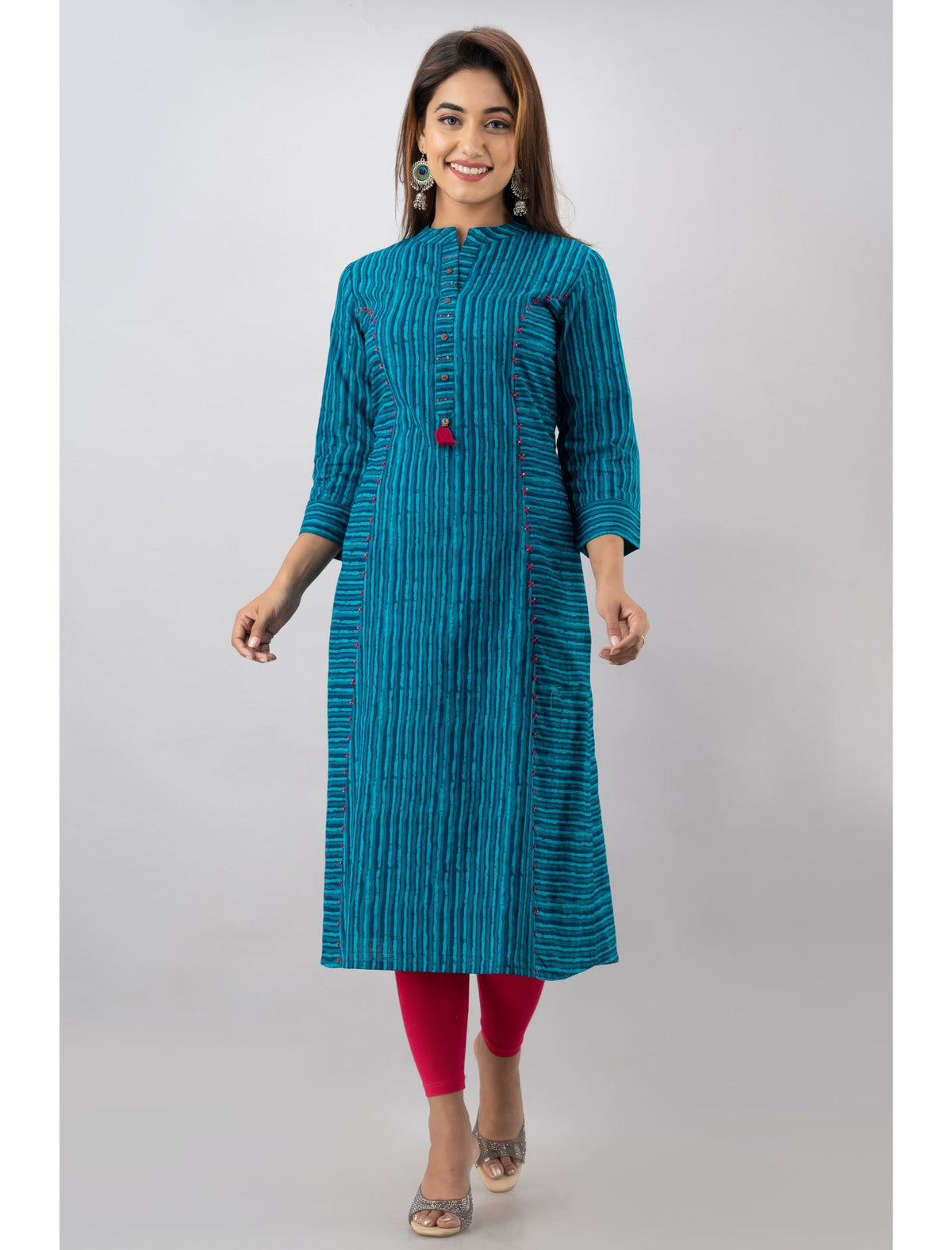 Rangvastra Blue Cotton Striped Kurta with 3/4 Sleeve, Tassel Work & Mandarin Collar