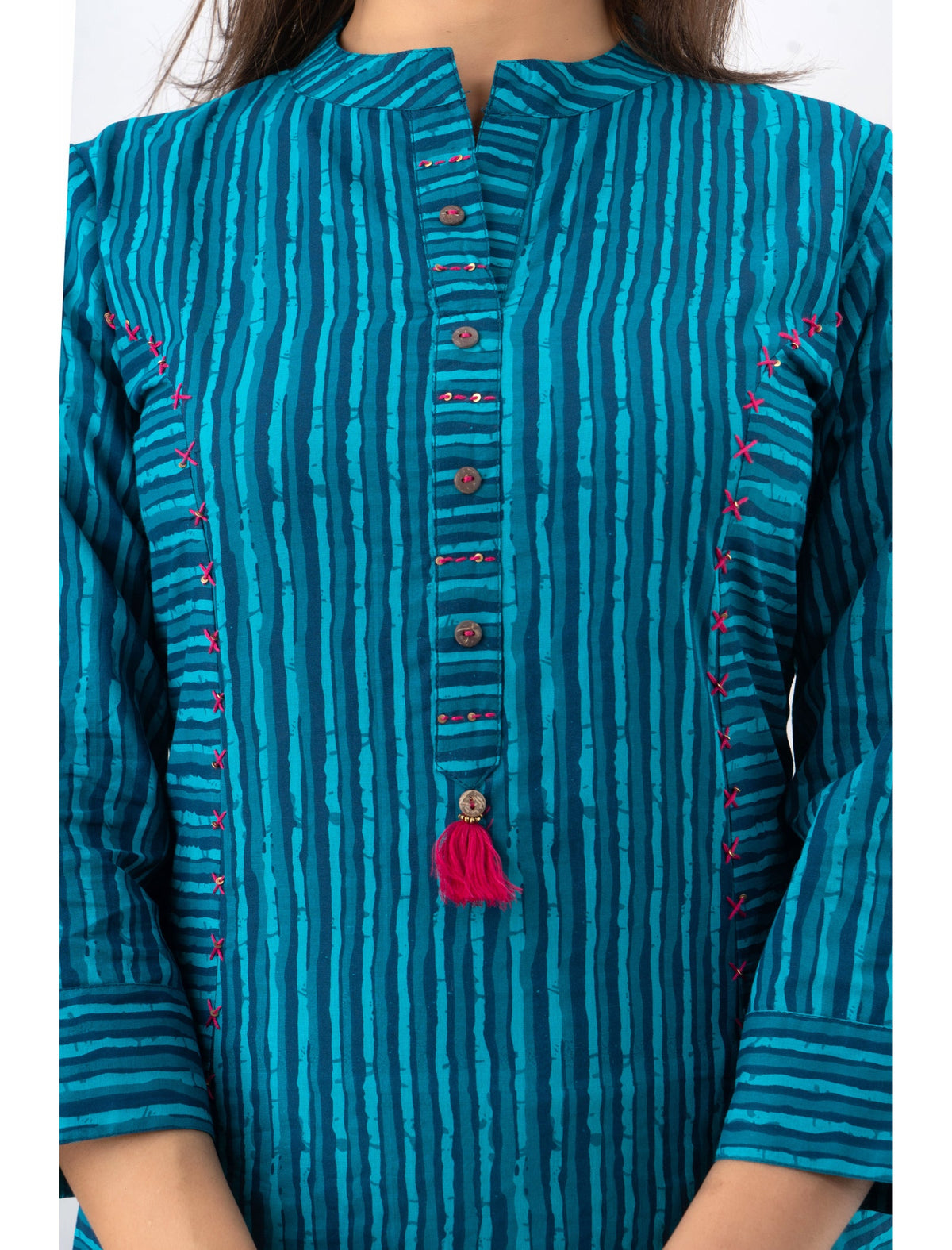 Rangvastra Blue Cotton Striped Kurta with 3/4 Sleeve, Tassel Work & Mandarin Collar