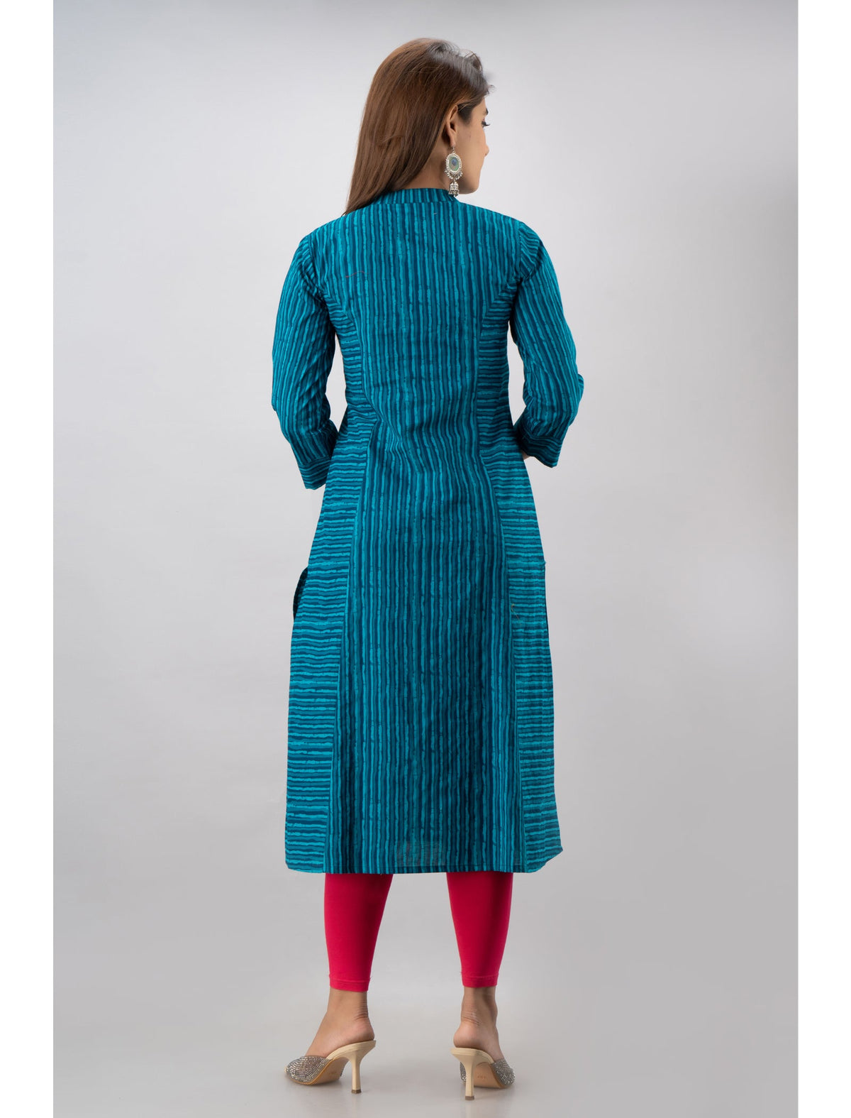 Rangvastra Blue Cotton Striped Kurta with 3/4 Sleeve, Tassel Work & Mandarin Collar