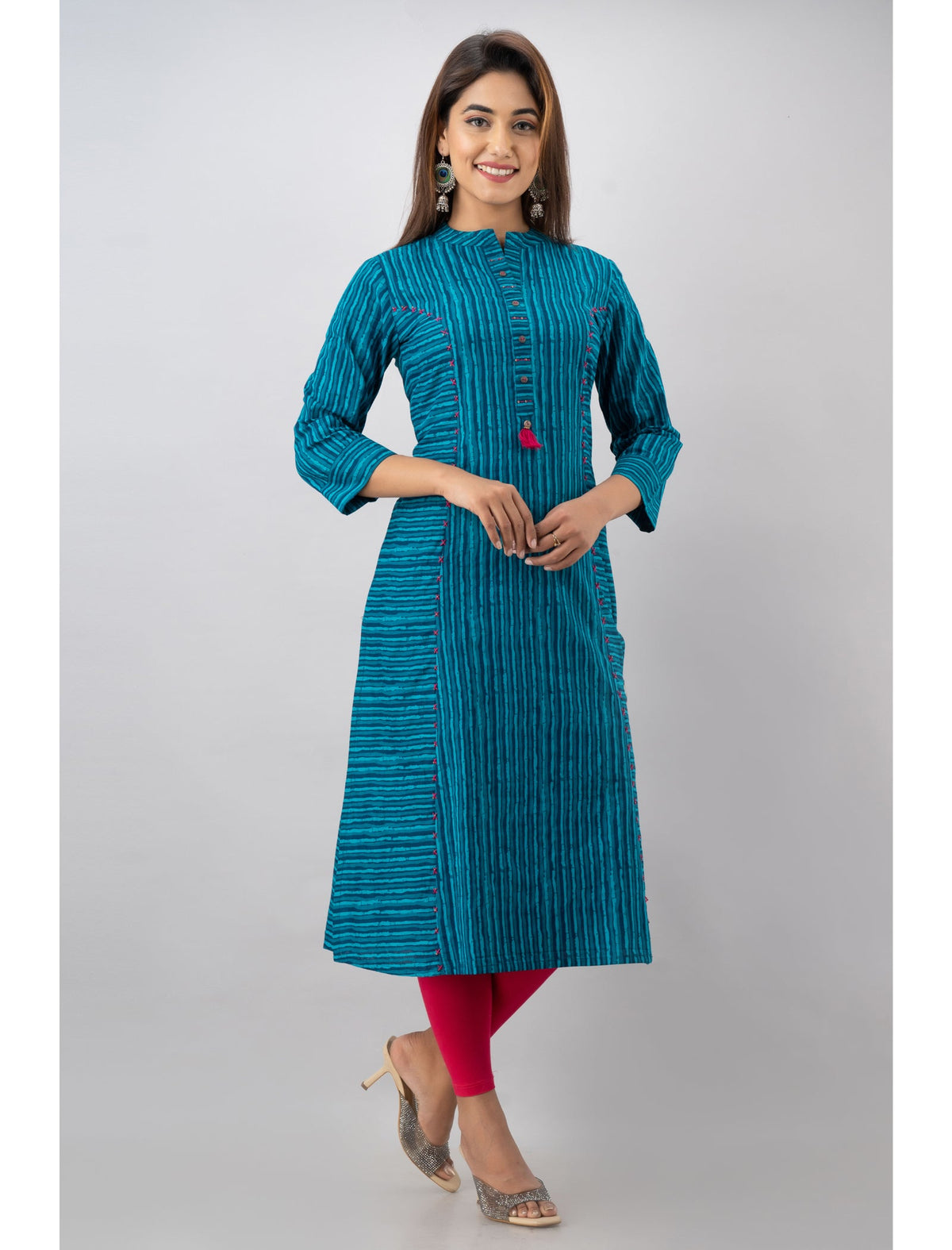 Rangvastra Blue Cotton Striped Kurta with 3/4 Sleeve, Tassel Work & Mandarin Collar