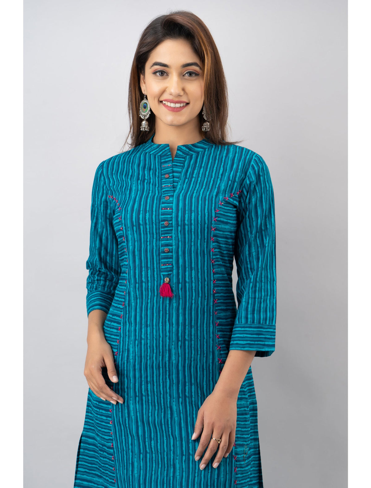 Rangvastra Blue Cotton Striped Kurta with 3/4 Sleeve, Tassel Work & Mandarin Collar