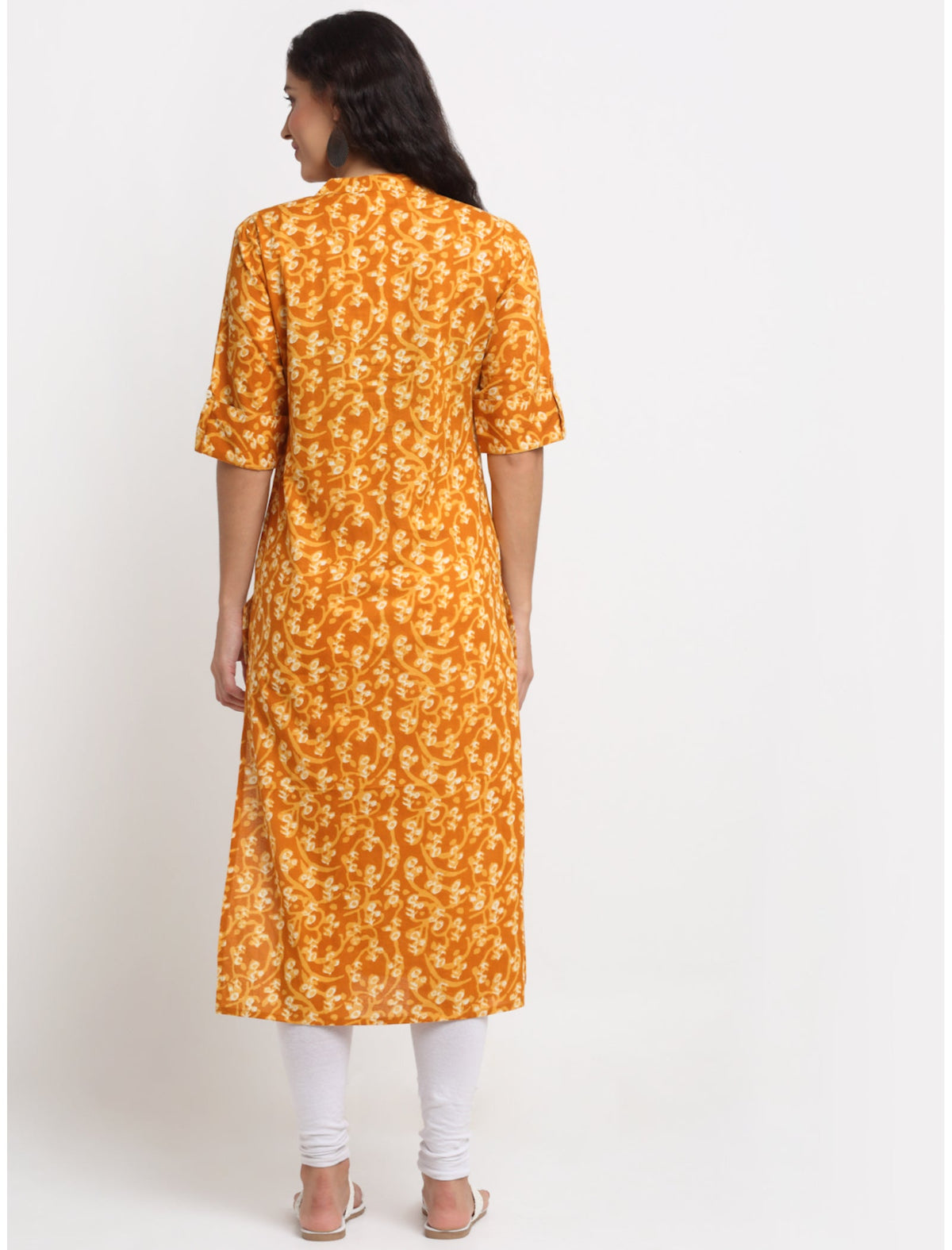 Rangvastra Mustard Cotton Kalamkari Print Kurta with Short Sleeve & Mandarin Collar