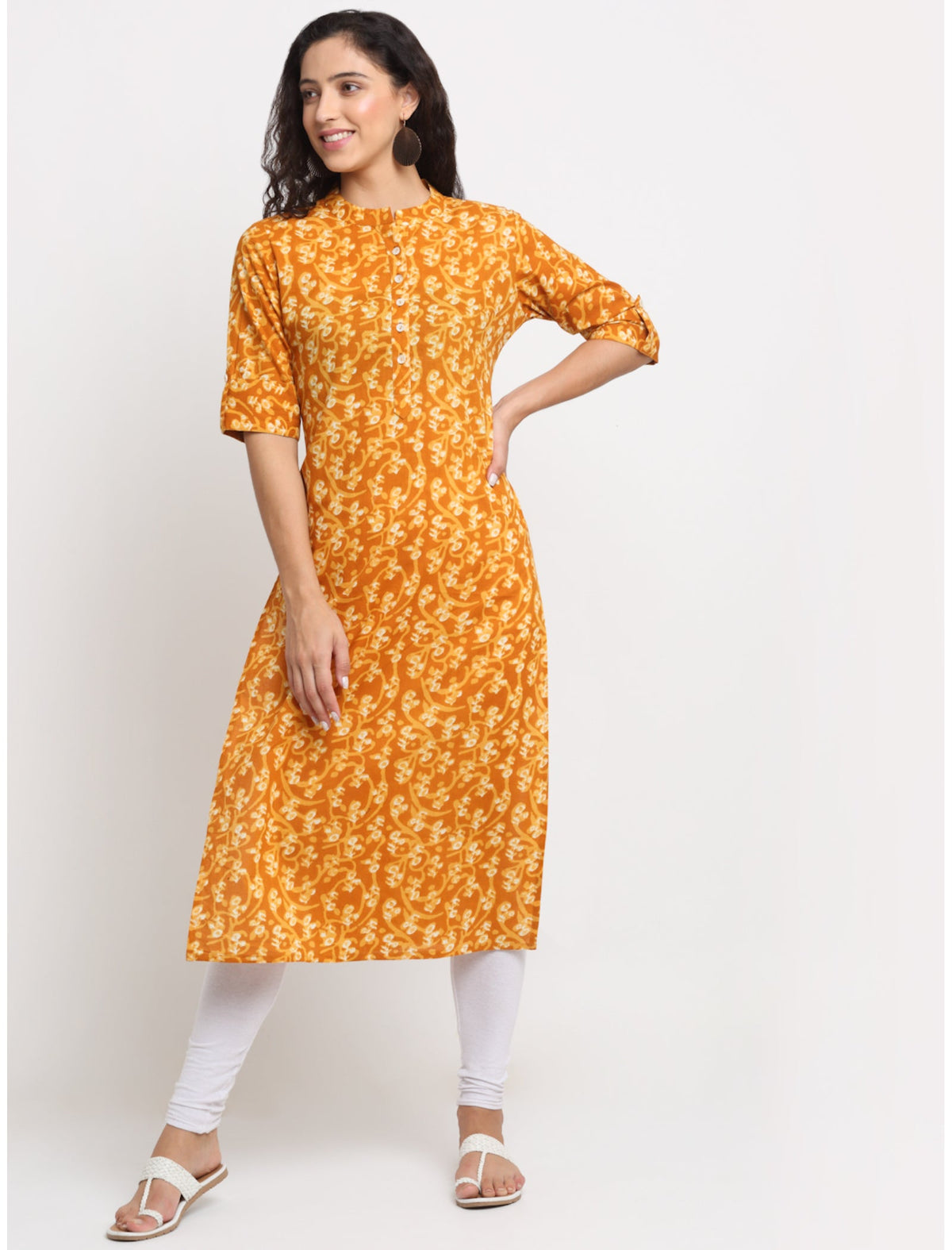 Rangvastra Mustard Cotton Kalamkari Print Kurta with Short Sleeve & Mandarin Collar