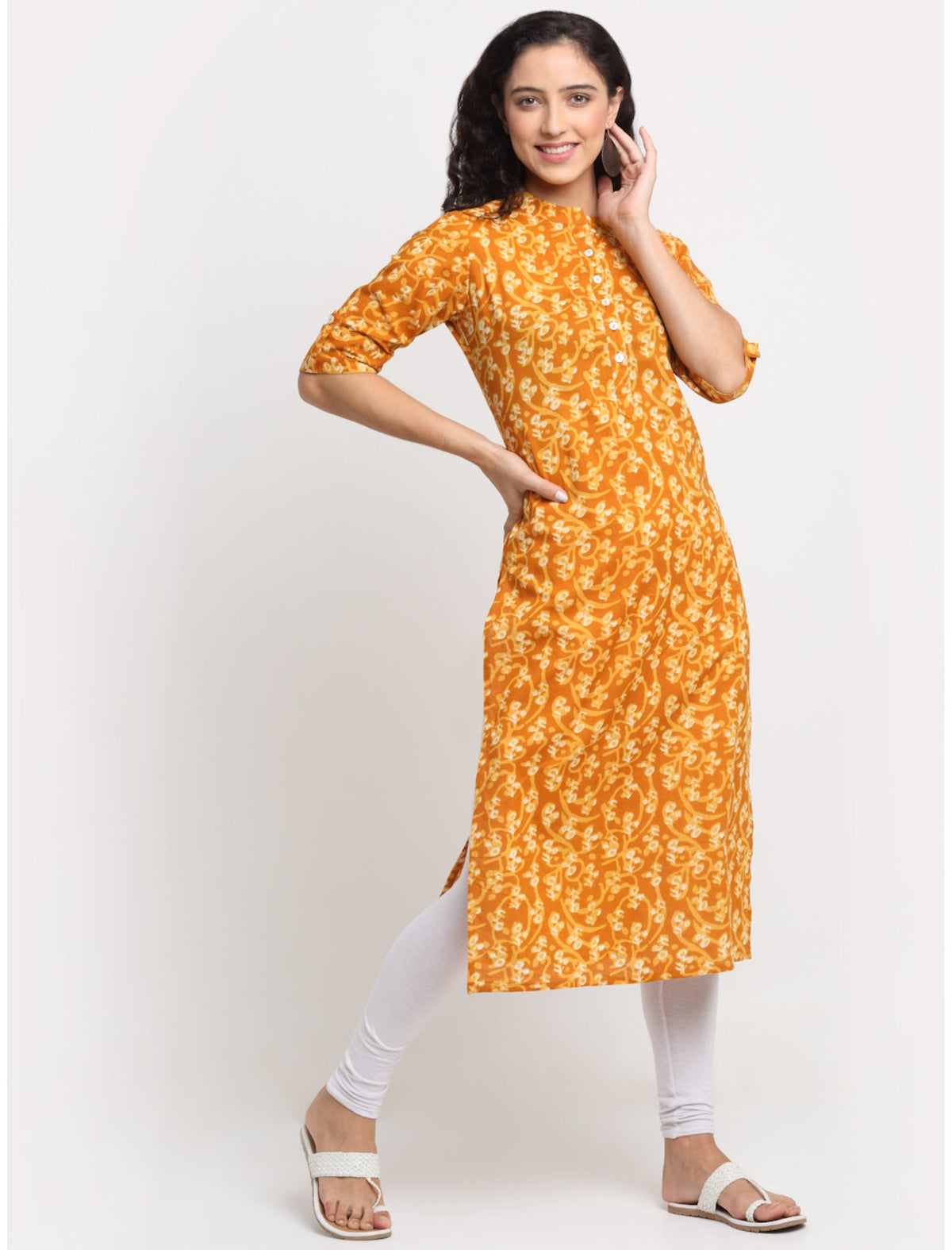 Rangvastra Mustard Cotton Kalamkari Print Kurta with Short Sleeve & Mandarin Collar