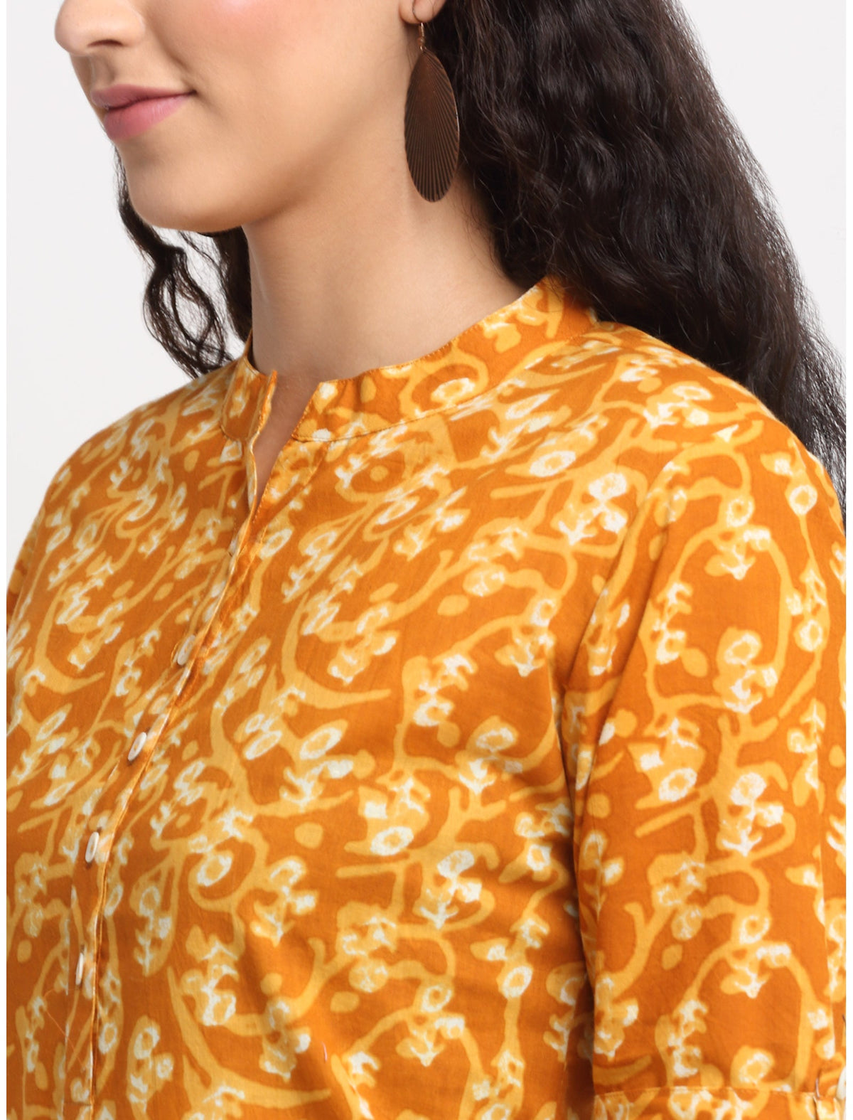 Rangvastra Mustard Cotton Kalamkari Print Kurta with Short Sleeve & Mandarin Collar