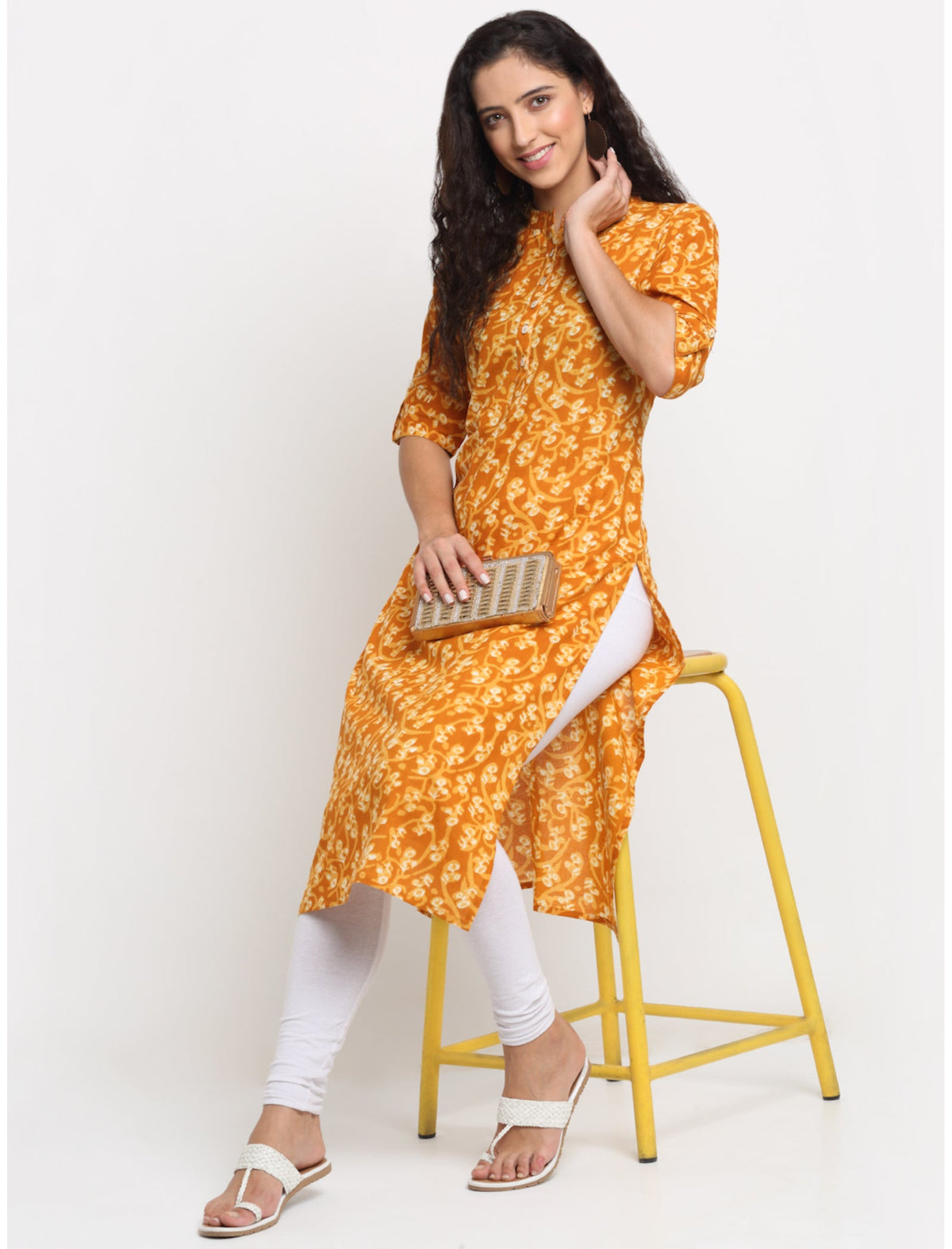 Rangvastra Mustard Cotton Kalamkari Print Kurta with Short Sleeve & Mandarin Collar