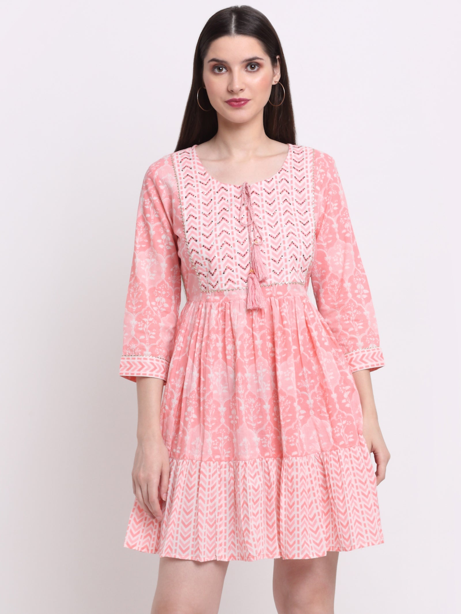 Maluka Women’s Peach & Grey Floral Cotton Tunic with Sequins & Tassels