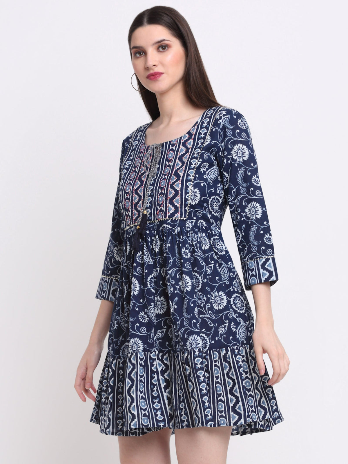 Rangvastra  Blue & Maroon Floral Cotton Tunic with Sequins & Tassels