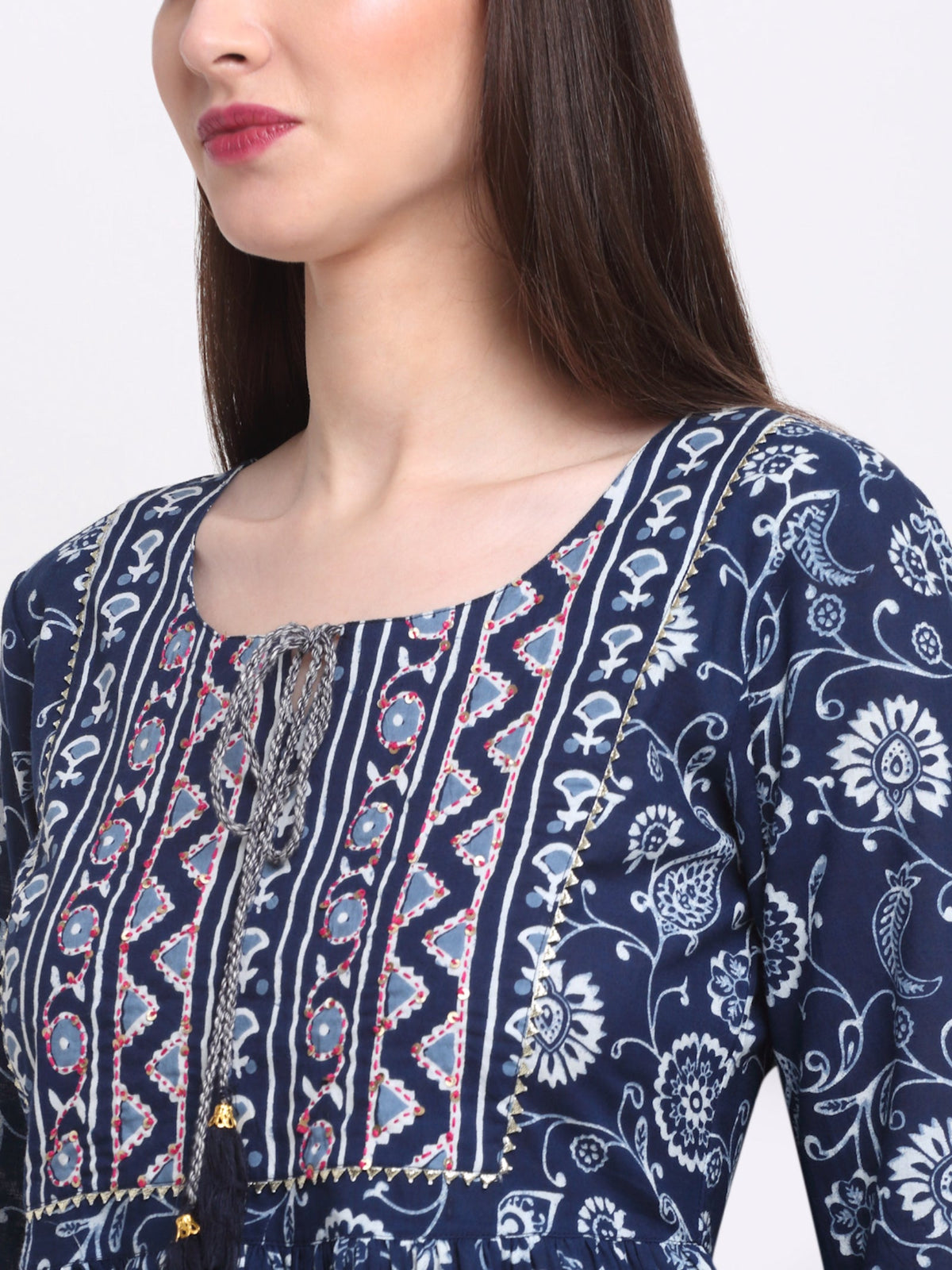 Rangvastra  Blue & Maroon Floral Cotton Tunic with Sequins & Tassels