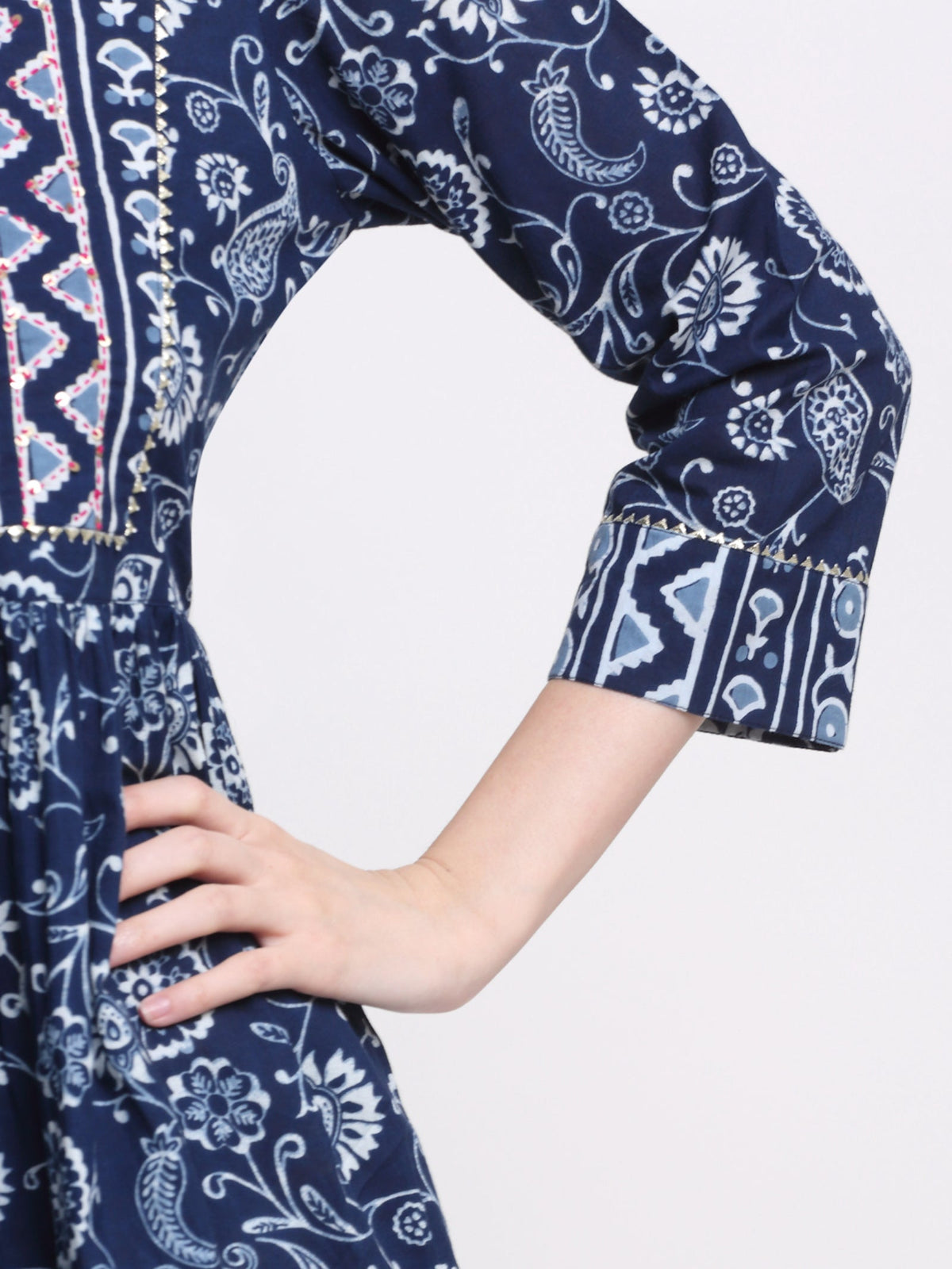 Rangvastra  Blue & Maroon Floral Cotton Tunic with Sequins & Tassels