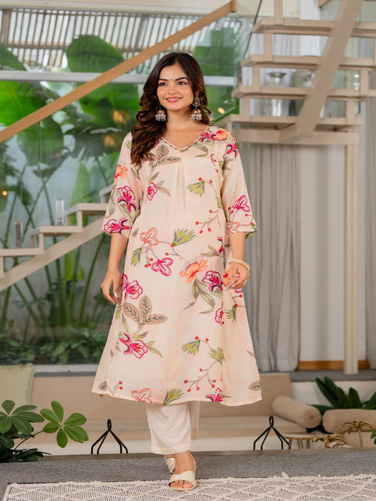 Rangvastra  Beige Modal Chanderi Kurta Pant Duptta Set
