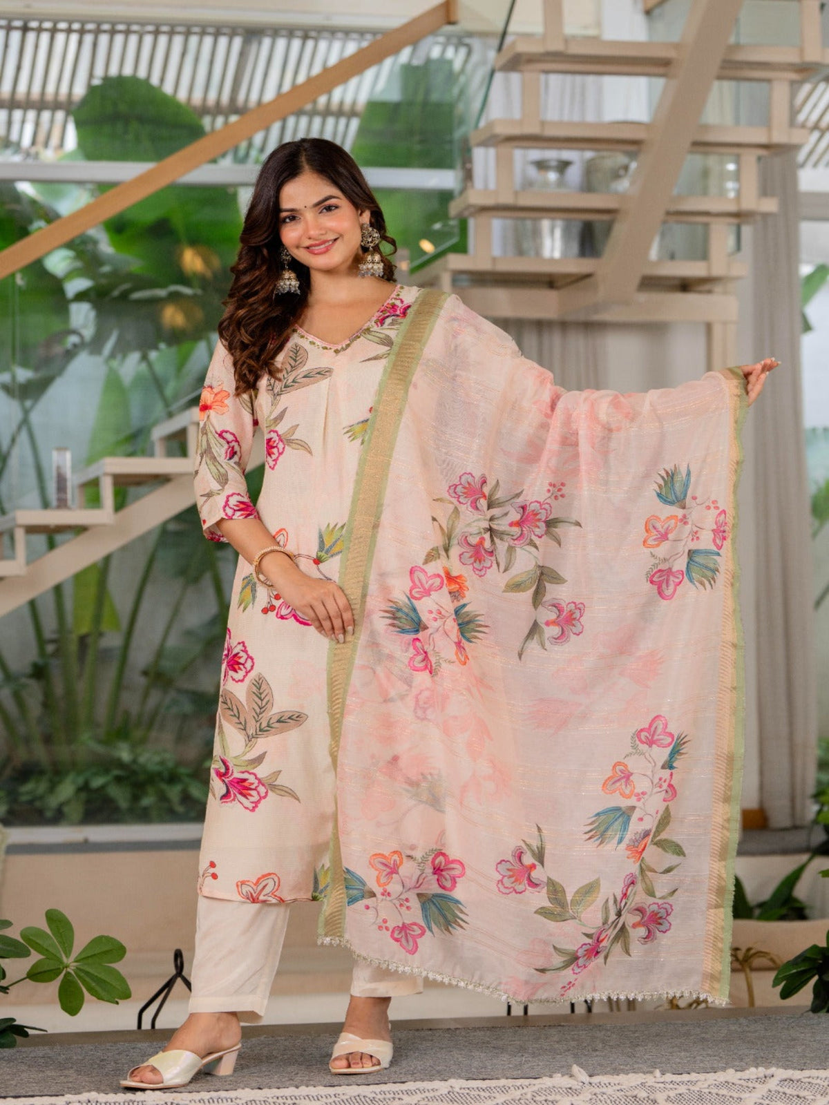 Rangvastra  Beige Modal Chanderi Kurta Pant Duptta Set